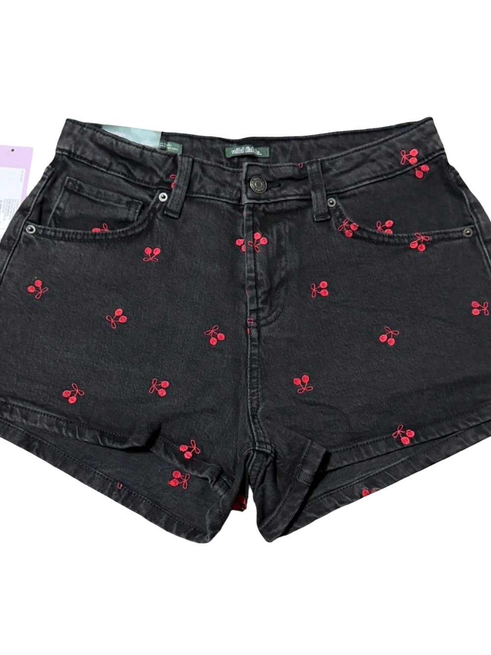 wild fable Black Denim Shorts with Red Cherry Embroidery